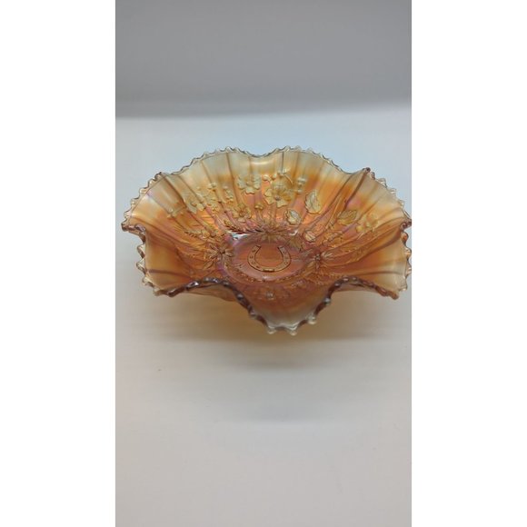 Northwood Good Luck Ruffled Bowl Ribbed Back Carnival Glass Vintage - Picture 2 of 12